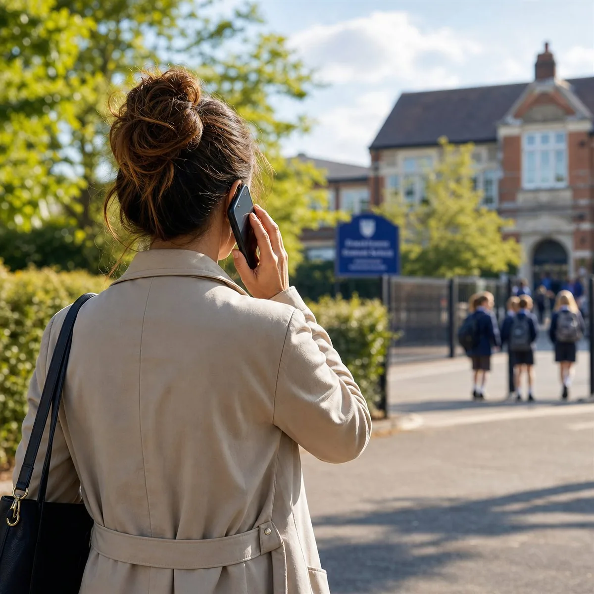 A parent on the phone as children head into school